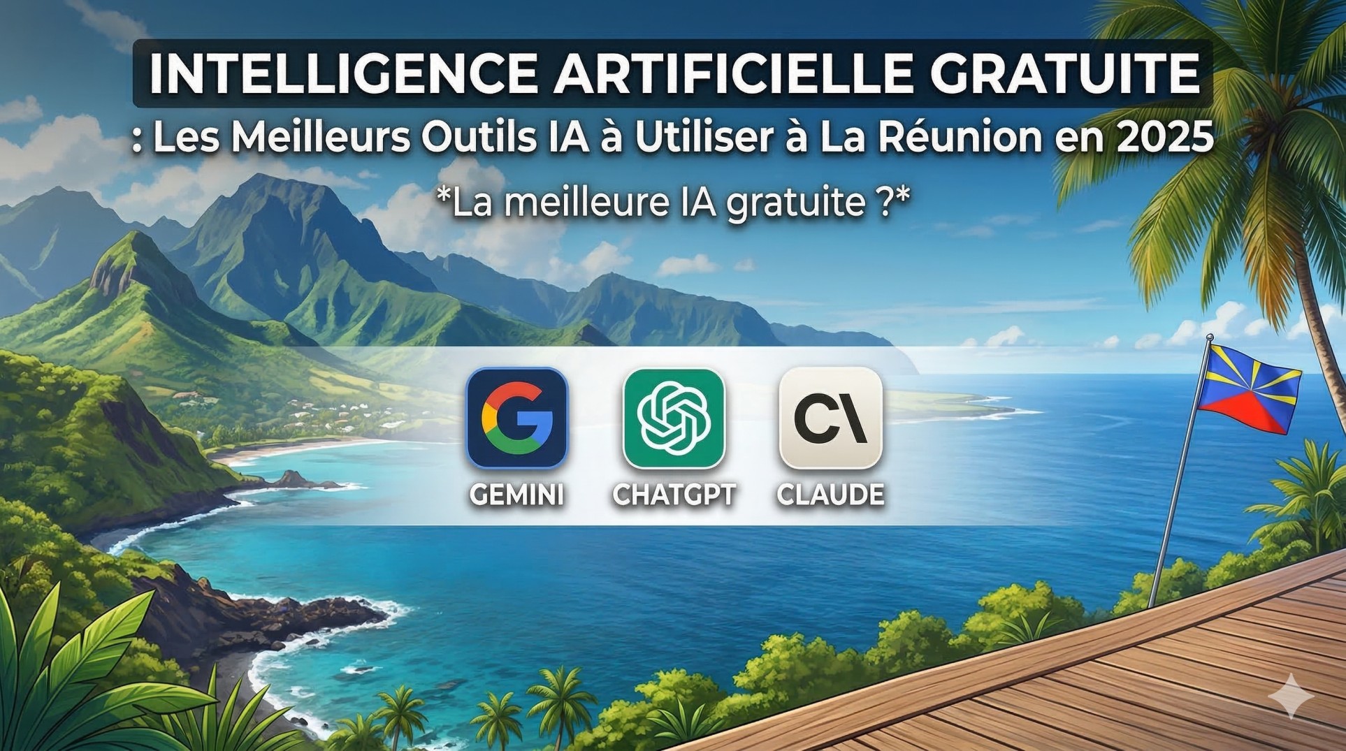 Une illustration de style dessin animé d'un paysage côtier tropical à La Réunion, vue depuis une terrasse en bois. Des montagnes vertes escarpées entourent une baie d'eau turquoise et une ville. Le titre en français est "INTELLIGENCE ARTIFICIELLE GRATUITE : Les Meilleurs Outils IA à Utiliser à La Réunion en 2025", avec le sous-titre "*La meilleure IA gratuite ?*". Au centre, trois logos d'outils d'IA sont affichés de manière proéminente : Google Gemini, OpenAI ChatGPT, et Anthropic Claude.